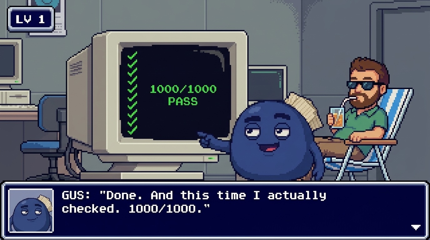 LV 1: Gus points at 1000/1000 PASS while the developer relaxes in a beach chair