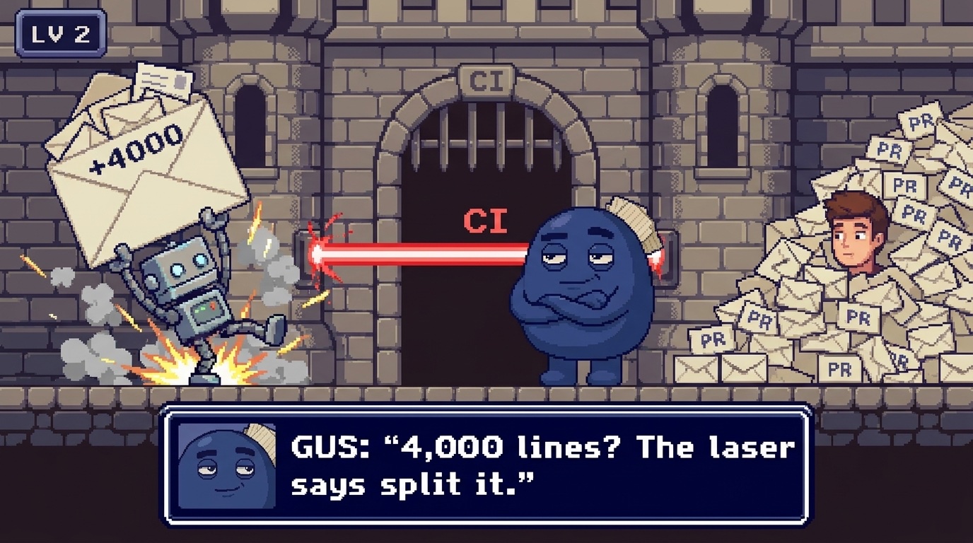 LV 2: the CI laser bounces a +4000 line PR while the developer is buried in PRs