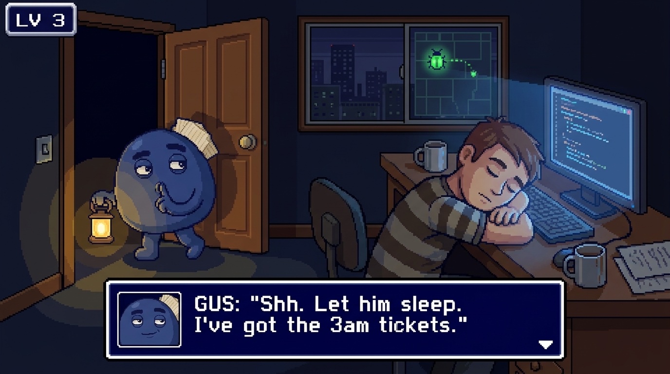LV 3: the developer sleeps while Gus sneaks out to take the 3am tickets