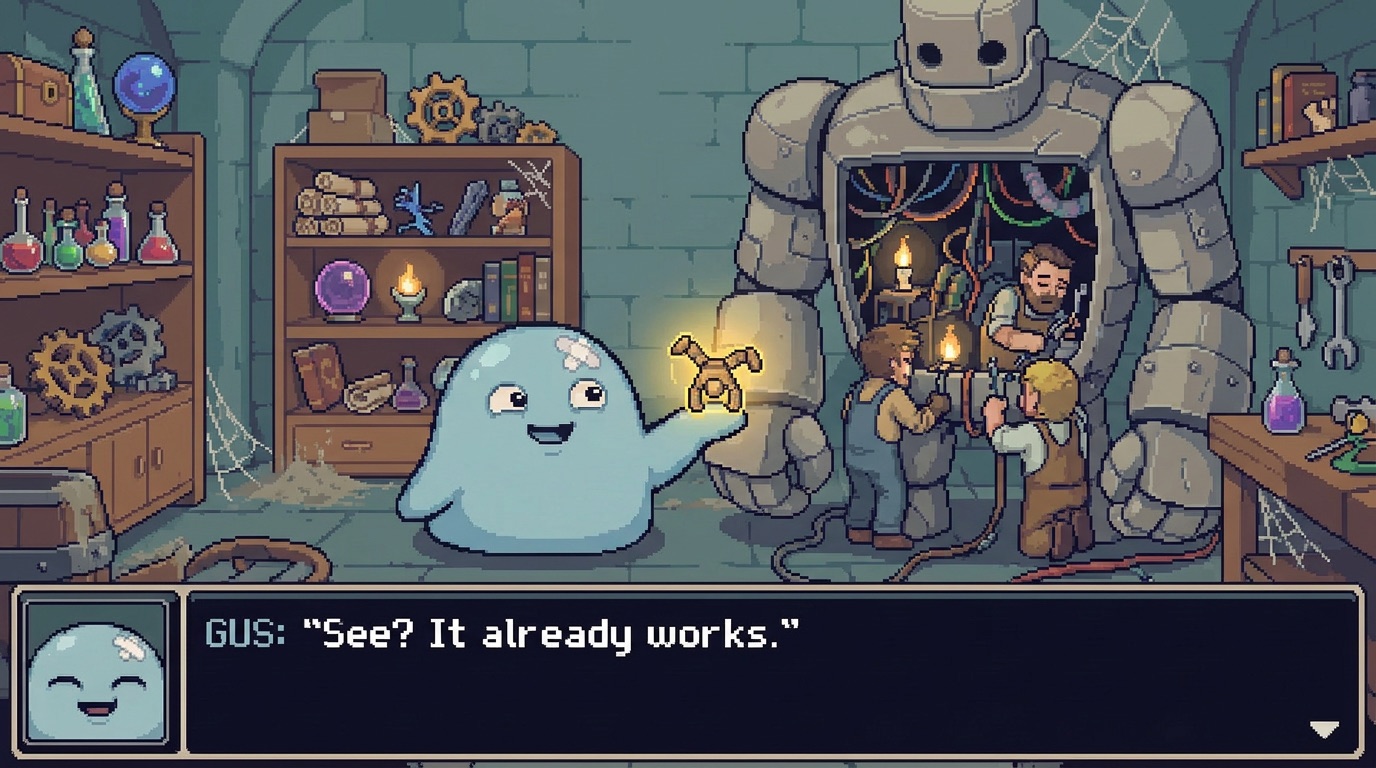 Gus beaming at a tiny glowing golem on his palm while three engineers work by candlelight inside the cracked-open chest of a full-size one, saying "See? It already works."