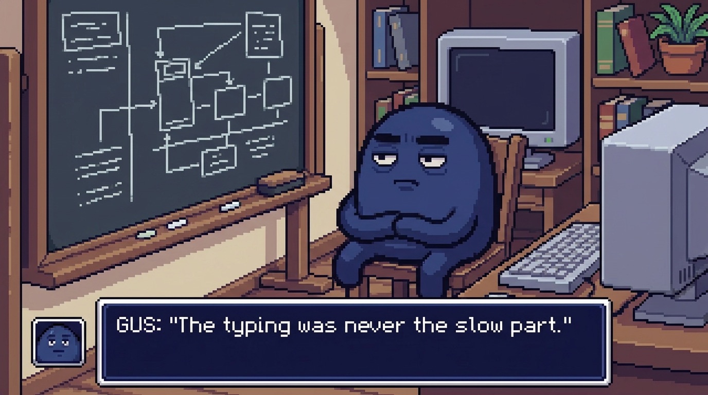 Gus sitting back from a blank screen, staring at a chalkboard: "The typing was never the slow part."