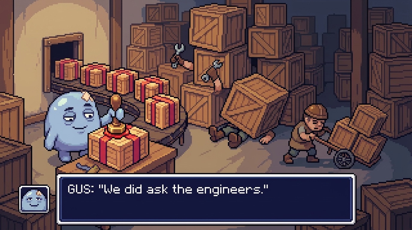 Gus stamping a seal onto a fresh crate while engineers lie buried under a wall of crates behind him, saying "We did ask the engineers."