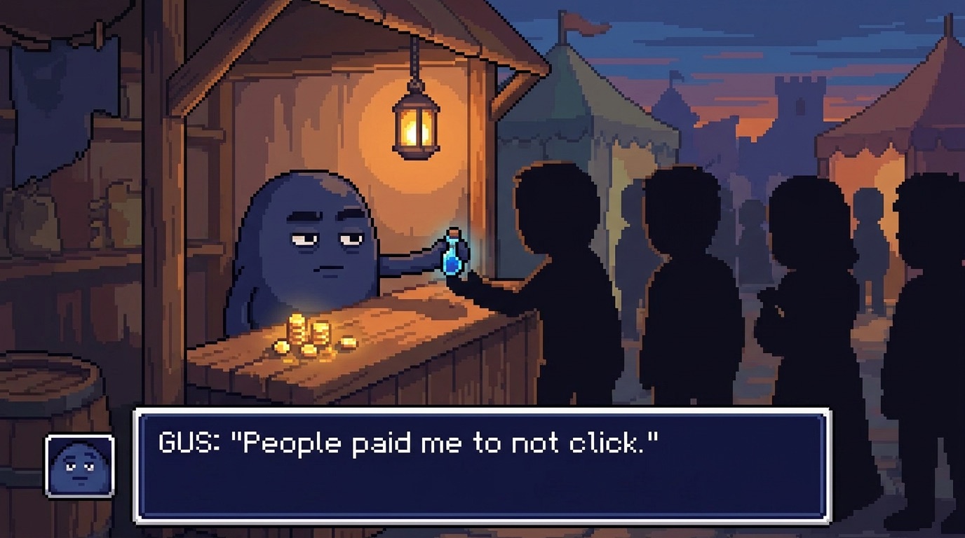 Gus selling at a market stall: "People paid me to not click."