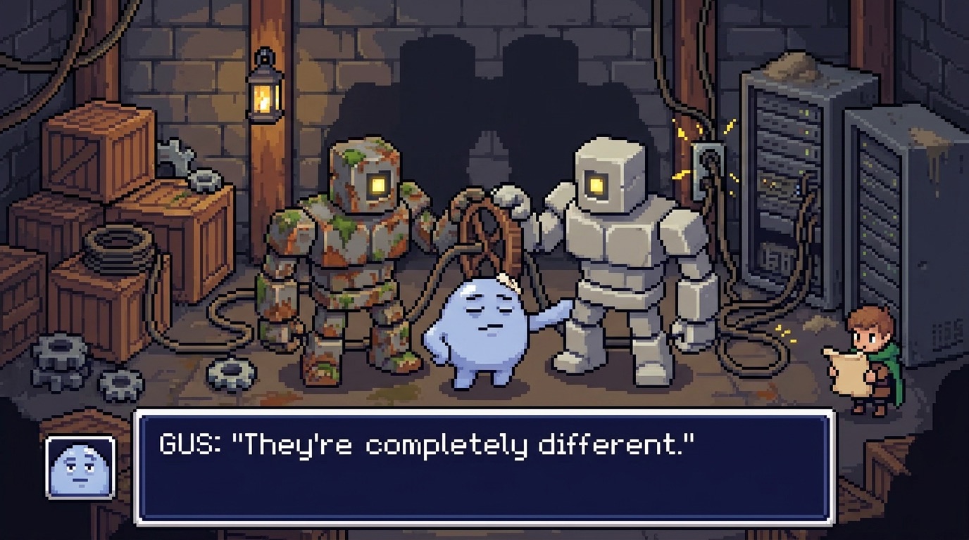 Gus with a hand on each of two identical golems cranking the same wheel in a cluttered workshop, saying "They're completely different."